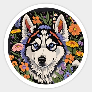 Husky with Wildflowers Sticker